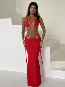 Bộ bikini 3 mảnh màu đỏ quyến rũ, sang trọng, mới về mùa Xuân/Hè, thích hợp cho bãi biển, kỳ nghỉ, tiệc tùng. - Đỏ - Xem 1