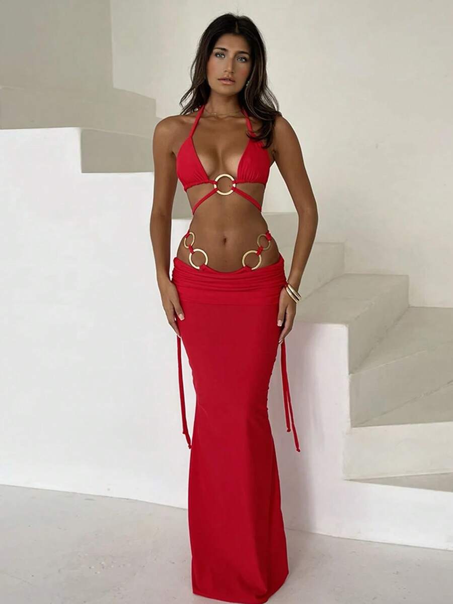 Bộ bikini 3 mảnh màu đỏ quyến rũ, sang trọng, mới về mùa Xuân/Hè, thích hợp cho bãi biển, kỳ nghỉ, tiệc tùng. - Đỏ - Xem 1