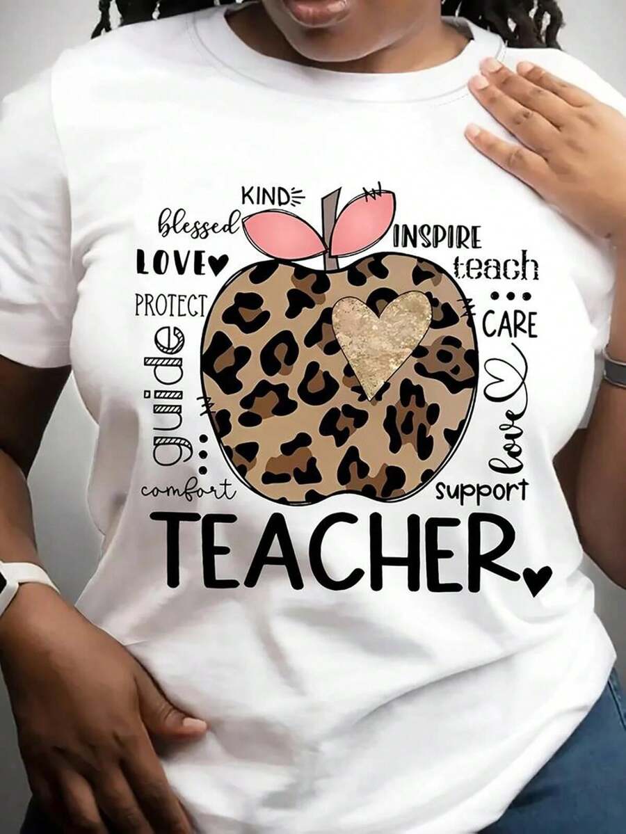 Plus Size Women's Cotton T - Shirt For Teachers With A Cute Leopard - Print Apple And Inspiring Words. Ideal For Spring And Summer, Perfect For Casual Daily Wear. - trắng - Xem 1