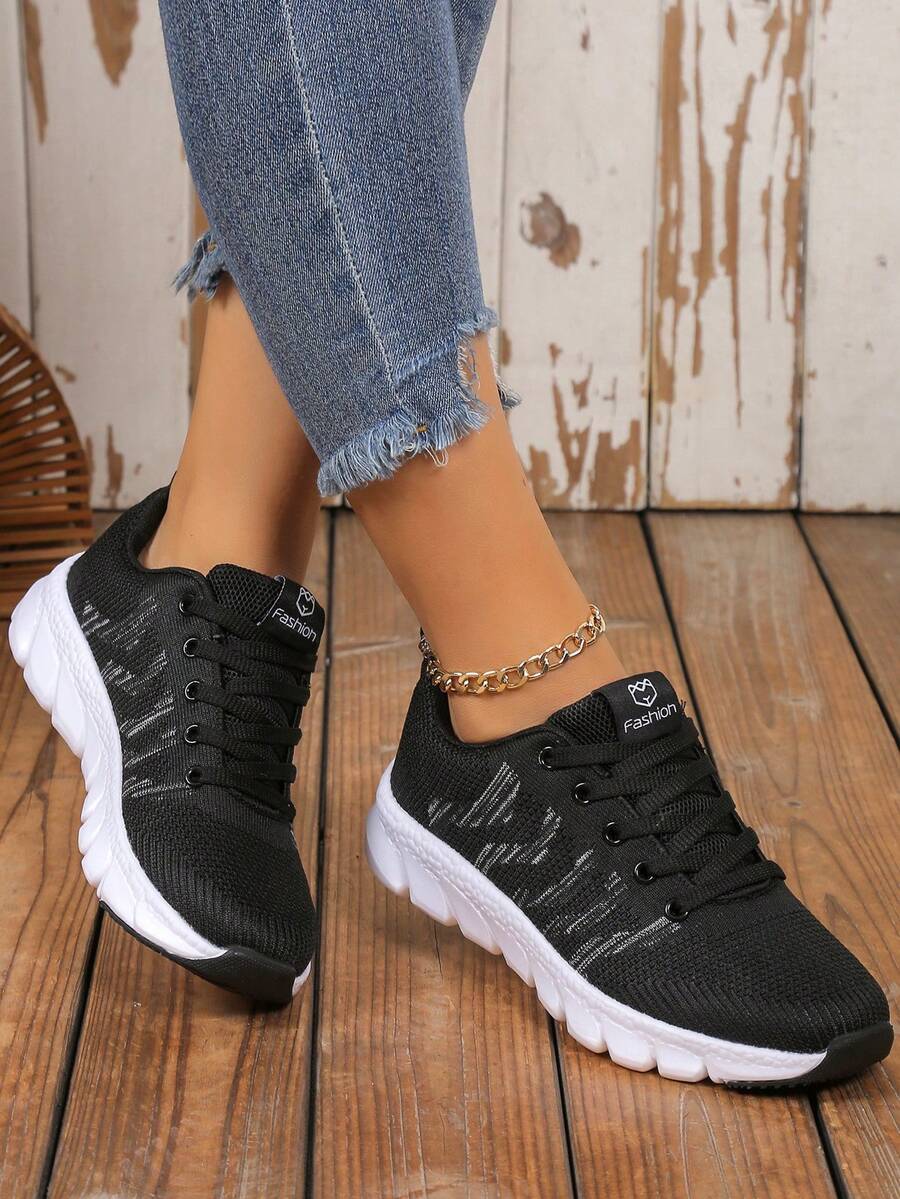 Women's Lightweight Sports Shoes With Wavy Stripe Decor, Front Lace-Up, Soft Sole, High Quality Construction, Soft Fabric Running Shoes