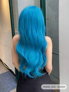 一片式合成耐热长卷发波浪头带刘海假发蓝色 28 英寸全编织日常自然逼真假发 - 藍色 - 查看 3