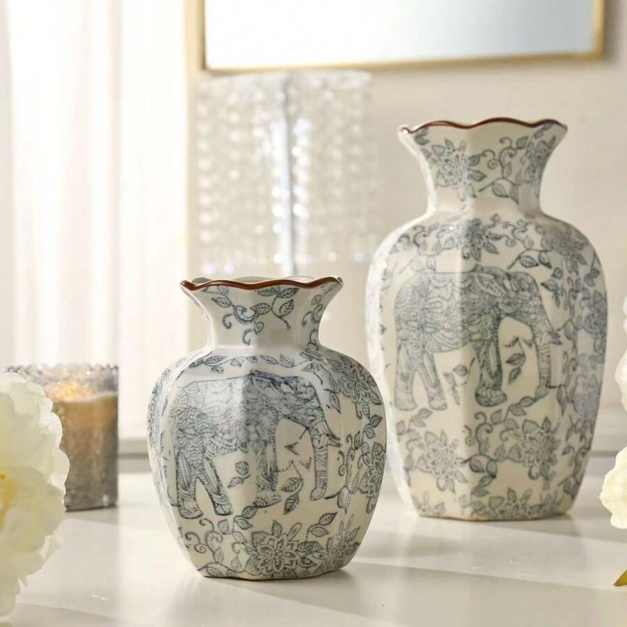 1 件蓝白陶瓷花瓶，家居装饰桌面配件，摄影道具，客厅花瓶装饰，餐桌装饰，室内设计装饰 - 淺藍色 - 查看 1