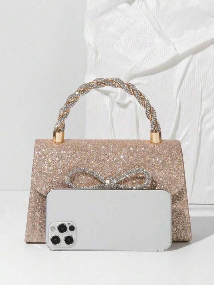 Women Rhinestone Handbag Clutch Crystal Mini Bowknot Evening Purse Bag Top Handle Shoulder Party Bag Pouch Chain - Gold - View 4