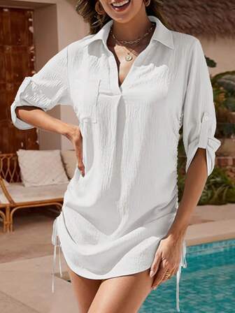 Women Bikini Cover Up Dress, Beach Drawstring Swimwear Cover Up Shirt