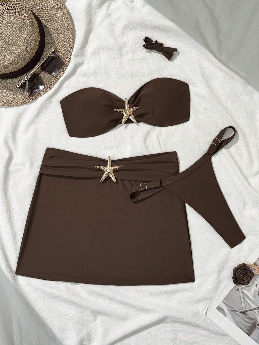 3 件套女士抹胸比基尼套装时尚性感褶皱裙带海星细节抹胸四月泳衣夏季沙滩装游泳衣度假 - 棕色 - 查看 1