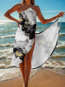 Casual Summer Beach Holiday Marble Print Wrap-Around Tank Dress For Women