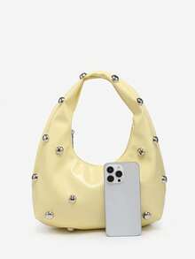 1pc Women's Vintage Punk/Hippie Style Rivet Crochet Woven & Faux Leather Large Capacity Crescent Shoulder Bag, Suitable For Outings, Parties And Daily Use - 黃色 - 查看 4