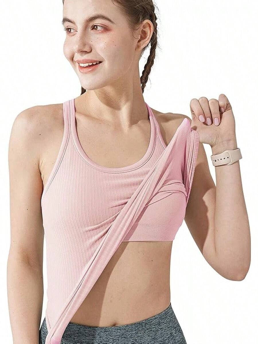 Yoga Racerback Tank Top For Women With Built In Bra,Women's Padded Sports Bra Fitness Workout Running Shirts - 粉色 - 查看 1