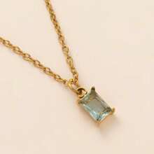 CIREY 18K Gold Plated Rectangle Birthstone Pendant Necklace With Colorful Cubic Zirconia For Women, Titanium Steel