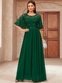 MIUSOL Elegant Sequin Floral Lace Ruffle Sleeve Ruched Chiffon Formal Party Maxi Dress - 墨綠色 - 查看 3