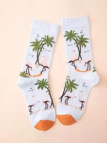 1 Pair Cartoon Palm Tree & Crane Pattern Versatile Socks, Comfortable Soft & Breathable Mid-Calf Socks - Multicolor - View 2