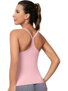 Workout Tops Women With Built In Bra, Sleeveless Gym Tops Seamless Racerback Athletic Yoga Shirts, Activewear - 粉色 - 查看 2