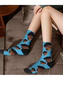 1 Pair Customized Face Print Mid-Calf Socks For Men, Mother's Day/Holiday Gift