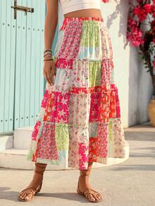 New Colorblock Floral Print Bohemian Elegant Ruffle Hem Skirt For Women, Suitable For Dates, Daily Wear, Graduation Parties, Valentine's Day, Halloween, Christmas Summer Vacation - Multicolor - View 8