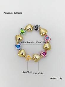 1 pieza Pulsera elástica hecha a mano con cuentas de cobre, con corazón enchapado y esmalte colorido, adecuada para uso diario y eventos de mujeres
