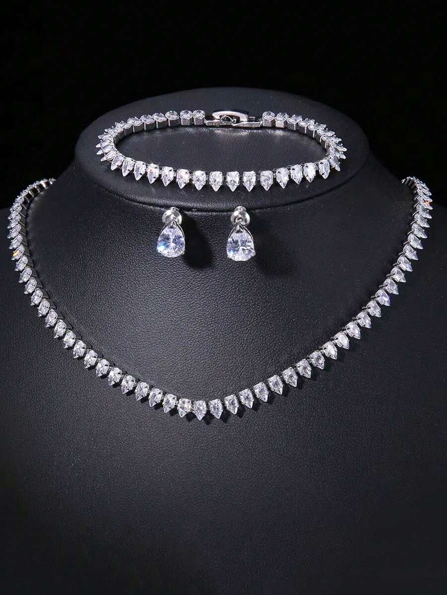 4pcs Set, Fashionable & Luxury Necklace Suit, Cubic Zirconia Banquet Elegant Necklace, Bracelet, Earrings Set For Women, Summer Accessory, Holiday Gift, Mother's Day Present - Hot Pink - View 1