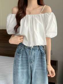 Vintage French Faux Pearls Strap One Shoulder Wide Loose Bubble Sleeve Shirt Blouse - White - View 2