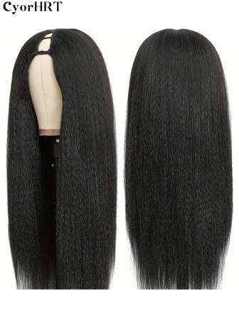 1 件装 14/24 英寸黑色 Yaki 直发 U 型假发合成夹式接发直发 UV 型夹式假发半假发带隐形部分，耐热自然造型，适合女性日常穿着和节日派对