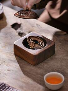 1pc Luxury Vintage Tea Art Zen Style Round Cloud Wood Incense Burner, Walnut Wood Zen Incense Holder With Tray, Suitable For Home Use Or As Gift