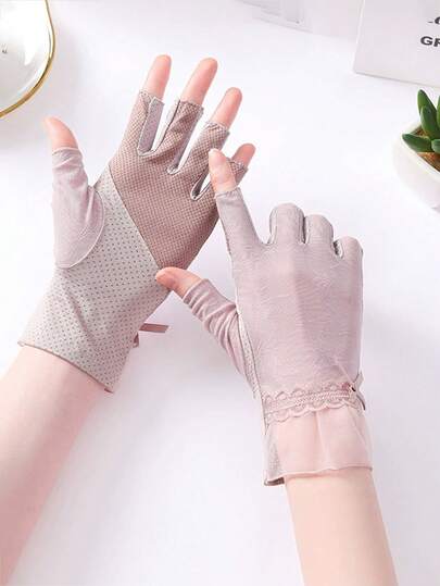 1 Pair Women's Half Finger Sunscreen Gloves, Thin Lace Cycling Gloves, Breathable For Driving/Riding In Summer