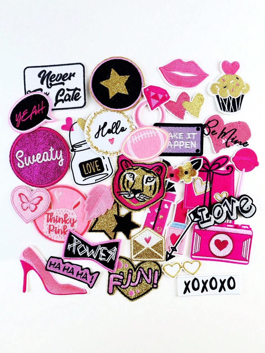 30pcs/Set Random Pink High Heels, Football, Diamond, Lips, Heart, Lollipop, Camera, Leopard Print Patches, Cute Cartoon Style Iron On/Sew On Patch For DIY Clothes, Bags, Hats, Etc.