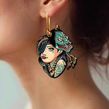 Pendientes de gota de madera con diseño de máscara de chica cool