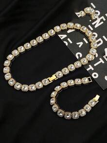 2pcs Fashionable Gold & Silver Necklace And Bracelet Set - Square Rhinestones With Round Rhinestones - View 2