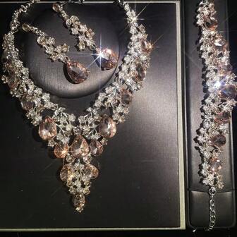 1 Set de joyería elegante y lujosa para mujer, incluye 4 piezas: collar, aretes, pulsera, adecuado para novia, boda, fiesta y ocasiones formales