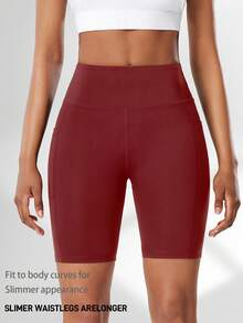 Women High Waist Yoga Shorts With Side Pockets, Outdoor Workout Compression Athletic Running Tight Shorts - Burgundy - View 3