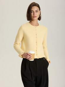 奶油黄色多层装饰圆领长袖针织开衫 - 黃色 - 查看 4