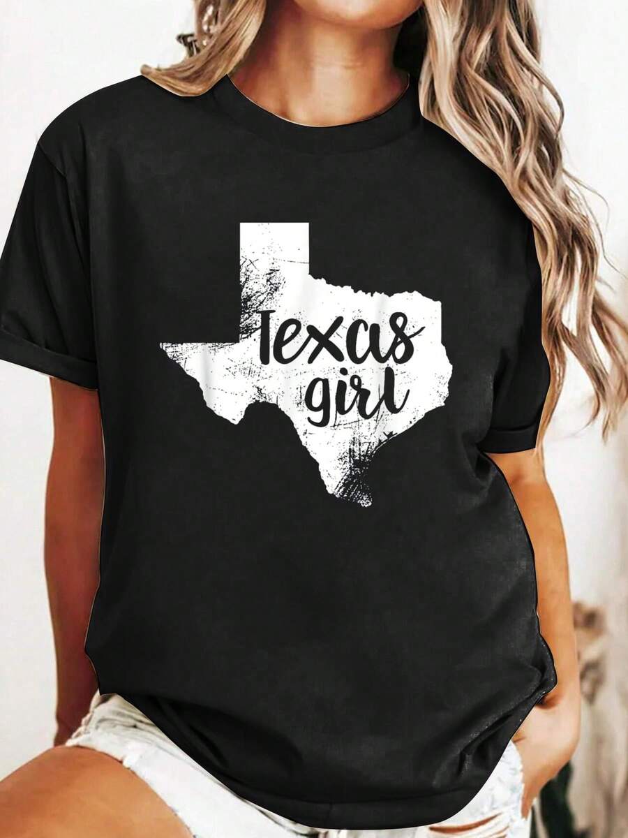 Summer Cotton T Shirt Texas Girl Distressed Lone Star Home State Love TX Shirt Graphic Tees Tops Shirts For Women - 黑色 - 查看 1
