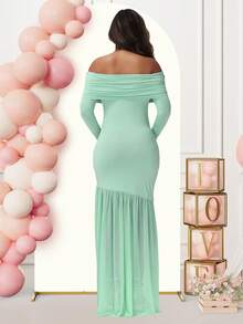 JustVH Maternity Long Sleeve Off Shoulder Dress Solid Color Mesh Paneled Split Hem Gown For Baby Shower Photoshoot Party - 薄荷綠 - 查看 2