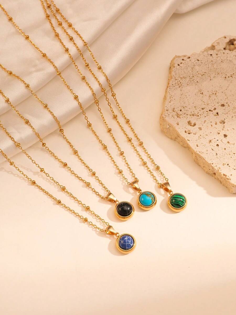 1pc Stainless Steel Natural Stone Pendant Necklace For Women, Fashion Minimalist Elegant Choker - Light Blue - View 1