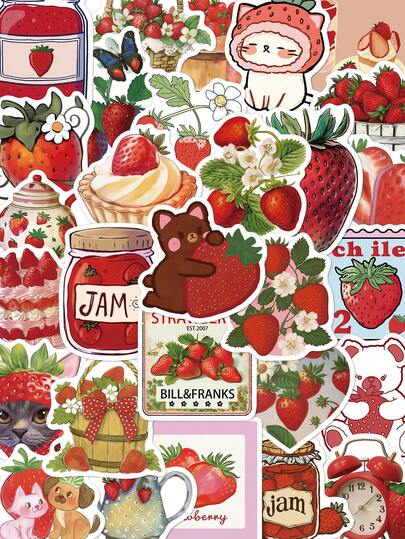 50 pièces Autocollants de graffitis de fraises de dessin animé pour ordinateur portable, bagage, bloc-notes, décoration DIY, créatives, fournitures scolaires, rentrée scolaire