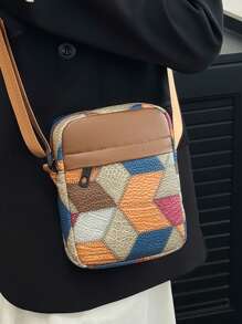 Bolsa a Tiracolo Quadrada Pequena Leve de Patchwork com Cores Contrastantes, Bolsa Transversal Essencial de Moda para Homens em Negócios