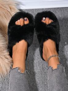 Pantuflas blancas y esponjosas para mujer, de moda y adorables, antideslizantes y a prueba de ruido para interior, para todas las temporadas - Negro - Ver 3