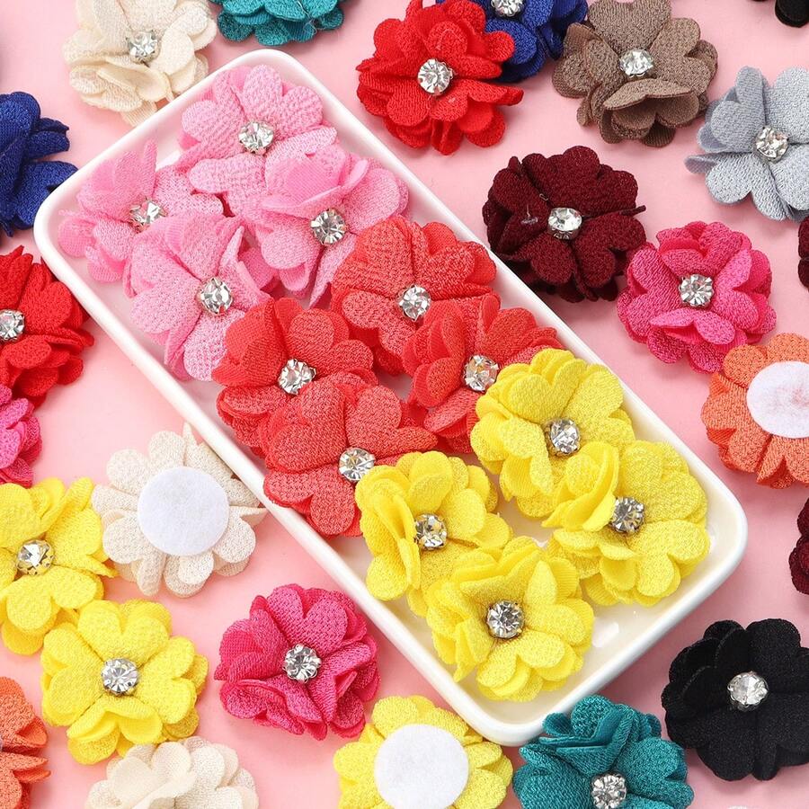 Paquete de 10 flores de encaje con perlas de 3,5 cm y 4 pétalos con rhinestones, flores multicapa DIY para decoración de bodas, fiestas y ropa - flores de cáñamo perlado - Ver 1