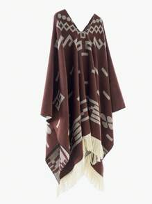 1pc Men's Geometric Pattern Tasseled Poncho Cape Shawl, Warm Outerwear Shawl