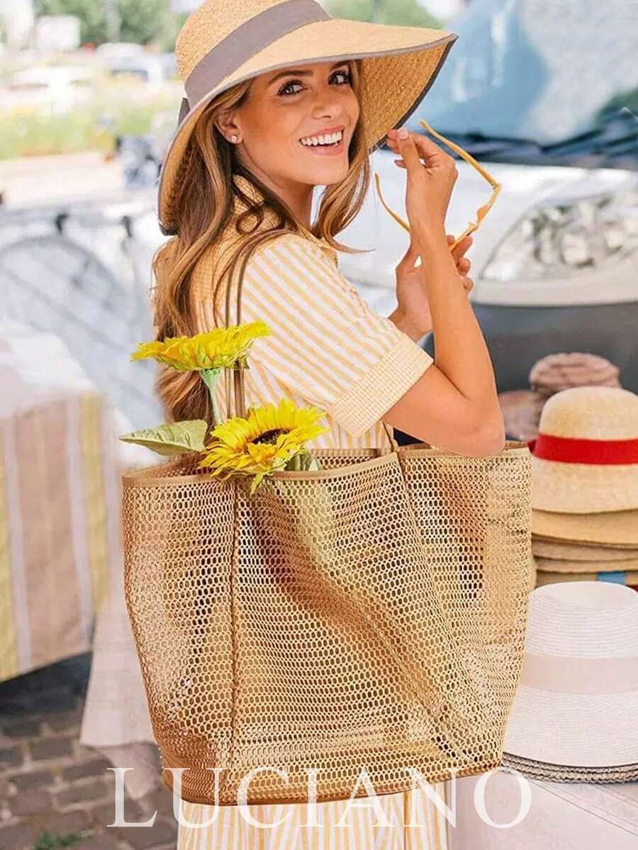 新款时尚折叠沙滩包网眼手提包女士单肩包购物袋夏季户外旅行包大容量东南亚风格沙滩玩水透气游泳收纳袋 - 棕色 - 查看 1