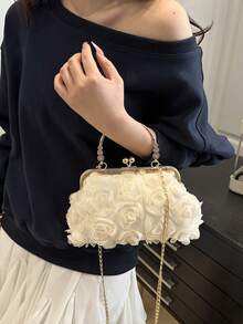 2025 Spring/Summer White Romantic Wedding Season 1pc White Pearl Net Flower Clasp Handbag, Elegant Women's Luxury Formal Dress Evening Bag, Bridal Wedding Party Clutch, 3D Floral Design Shell Clip Bag, Spring New Gift For Girlfriend, Wife, Bridesmaids