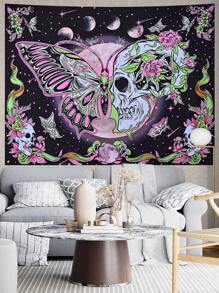 Gothic Butterfly Skull Tapestry Moon Phase Celestial Neon Boho Wall Art Mystical Nursery Decor Handcrafted Alternative Spaces Vibrant Floral Cosmic Tones
