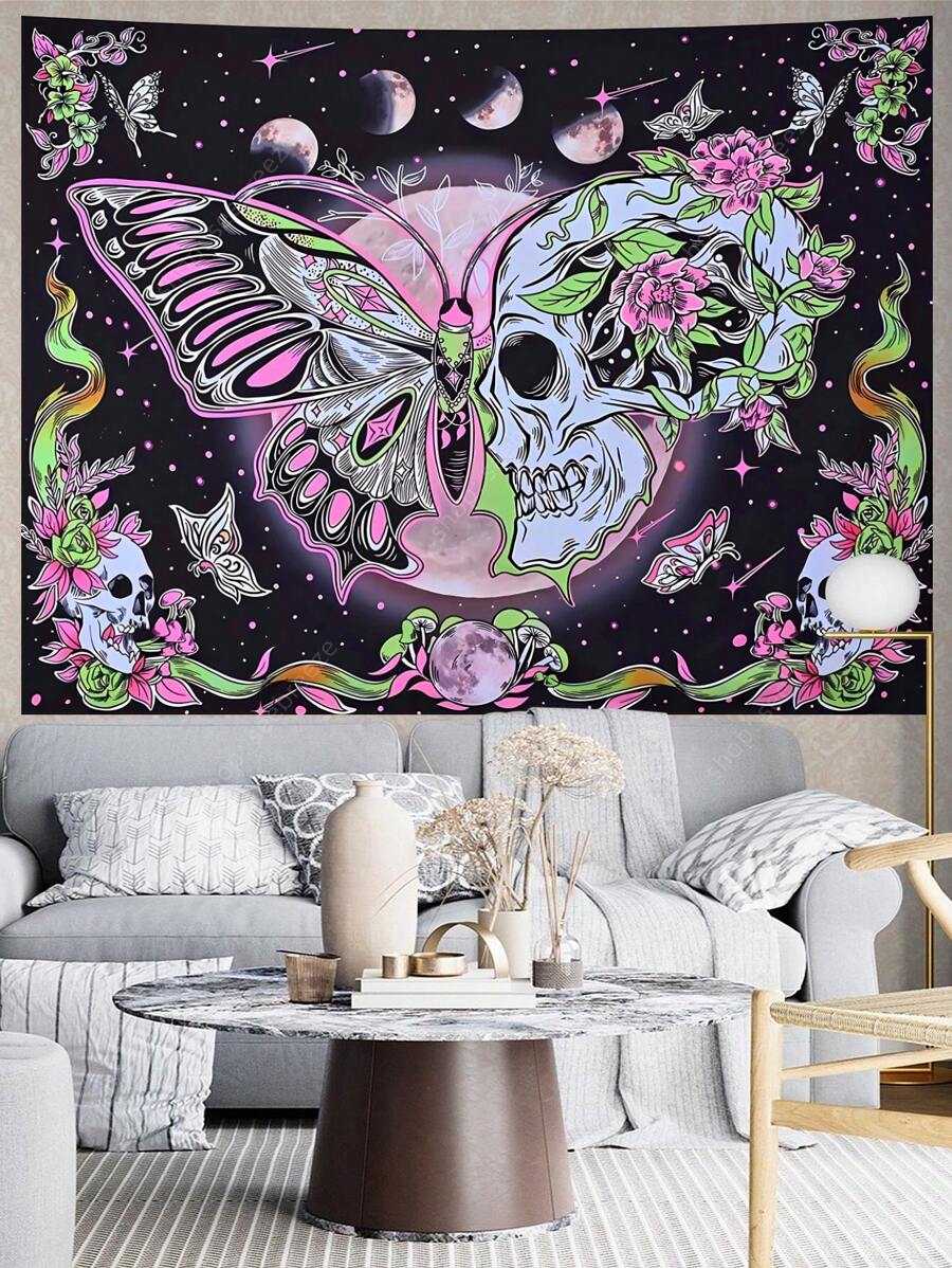Gothic Butterfly Skull Tapestry Moon Phase Celestial Neon Boho Wall Art Mystical Nursery Decor Handcrafted Alternative Spaces Vibrant Floral Cosmic Tones