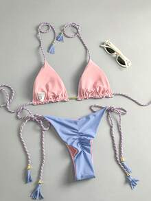 Bộ bikini hai mảnh buộc dây cổ, hở lưng, áo tắm cao cấp màu trơn gợi cảm với họa tiết bện, mẫu mới năm 2025 dành cho kỳ nghỉ hè đi biển, giao thương xuyên biên giới quốc tế. - Màu xanh bụi bặm - Xem 6