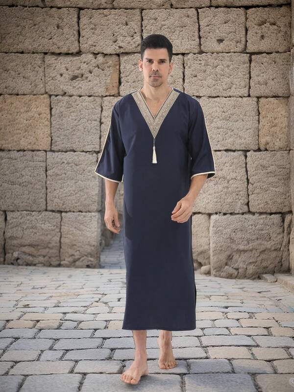 Men's Moroccan Caftan, Southeast Asian Malaysian Casual 3/4 Sleeve Solid Color Tassel V-Neck Robe