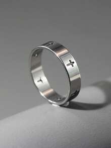 1pc Men's Silver Stainless Steel Cross Ring - Silver - View 3