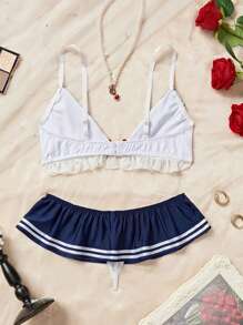 2 Peças Conjunto de Lingerie Sexy Inspirado em Temas Náuticos - Detalhes em Babado, Acentos em Laço, Sutiã com Armação e Calcinha para Jogo de Papel Erótico