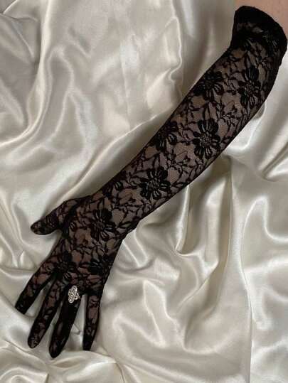 1pair Black Lace Flower Design Gloves Bridal Wedding Hand Decoration, Suitable For Bachelorette Party And Wedding Decorative Gloves Halloween Valentine's Day Autumn Accessories