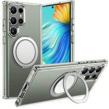 1pc Black Minimalist Skin-Feel Magnetic Protective Case, PC Material With 360° Rotating Stand, Supports Wireless Charging, Compatible With Samsung S23u/S24u/S25/S25u, Unisex