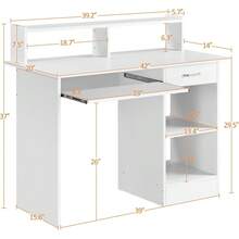 Home Office Wood Computer Desk With Drawers And Pull-Out Keyboard Tray, Study Writing Desk PC Laptop Table With Hutch And Storage Shelves, Modern Workstation, Black - White - View 3