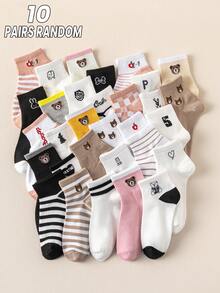 5/10 Pairs/Bags For Women, Spring And Summer, Thin, Breathable, Sweat-Absorbent, Bear Pattern, Suitable For Dating Parties, Girls, Students, Cute, Japanese Style, Sports Shoes, White Shoes, JK Outfit Socks - Multicolor - View 14